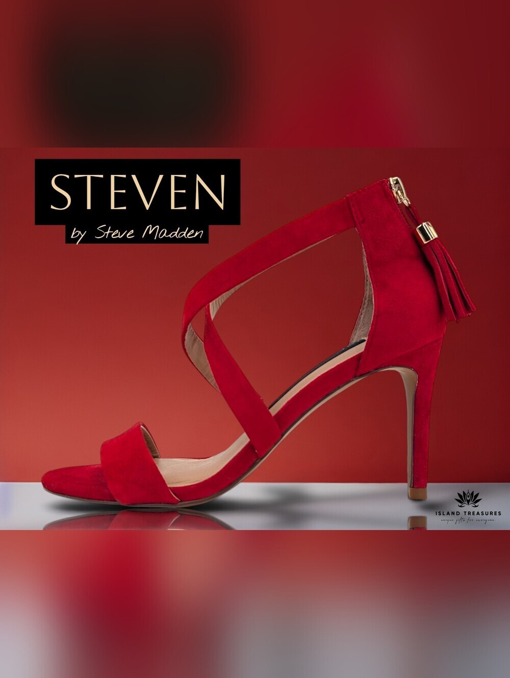 Steve Madden "Nahlah" Sz 6M Red Suede Gold Strappy Tassel Open Toe Heel Stiletto